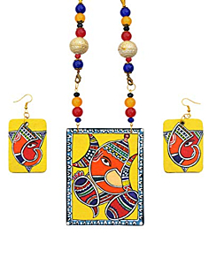 Hand Painted Ganesha Canvas Necklace and Earring