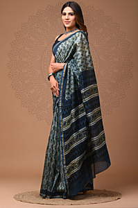 Full Size Chanderi Silk Sarees with Ajrakh Prints
