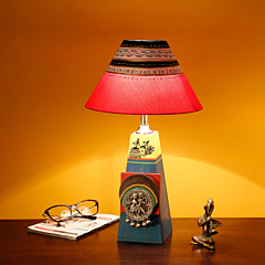 Lamp Embellished with Dhokra Brass Tiles & Red Shade
